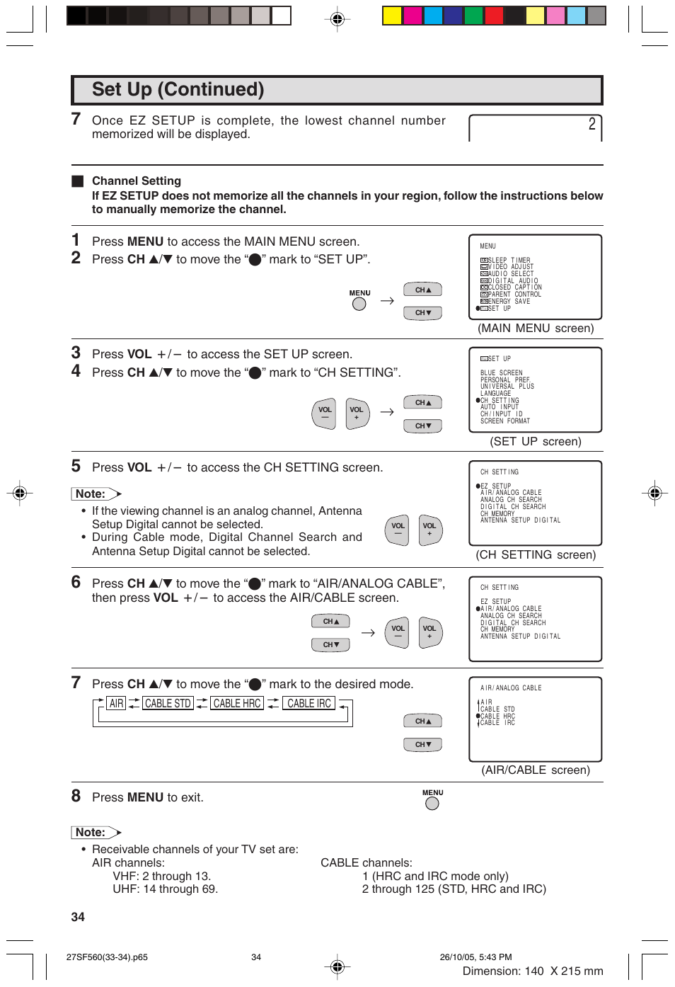 Set up (continued), Press menu to access the main menu screen, Press ch a/s to move the “e” mark to “set up | Press vol k/l to access the set up screen, Press ch a/s to move the “e” mark to “ch setting, Press vol k/l to access the ch setting screen, Press menu to exit | Sharp 27SF560 User Manual | Page 34 / 53