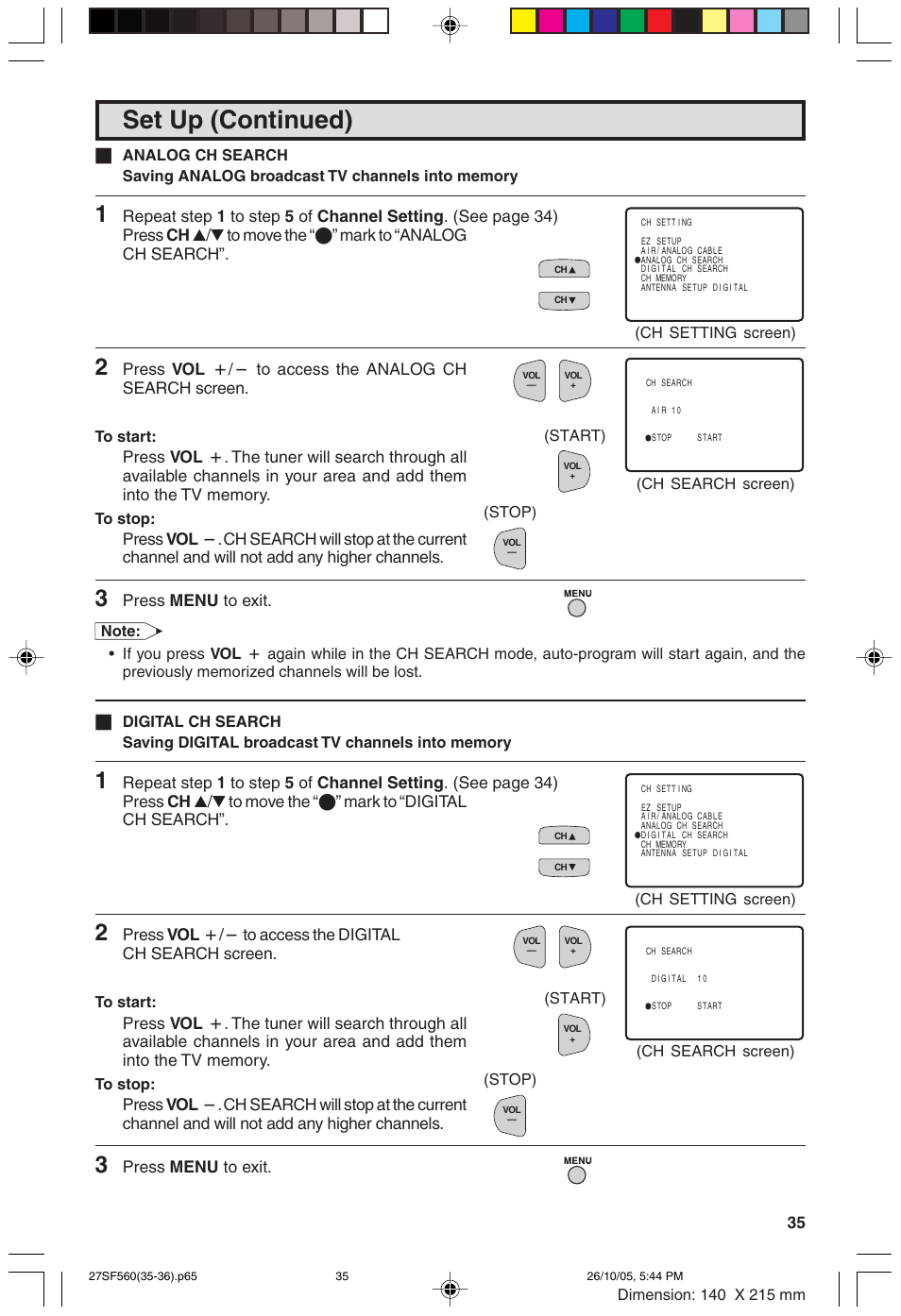 Set up (continued), Press menu to exit | Sharp 27SF560 User Manual | Page 35 / 53
