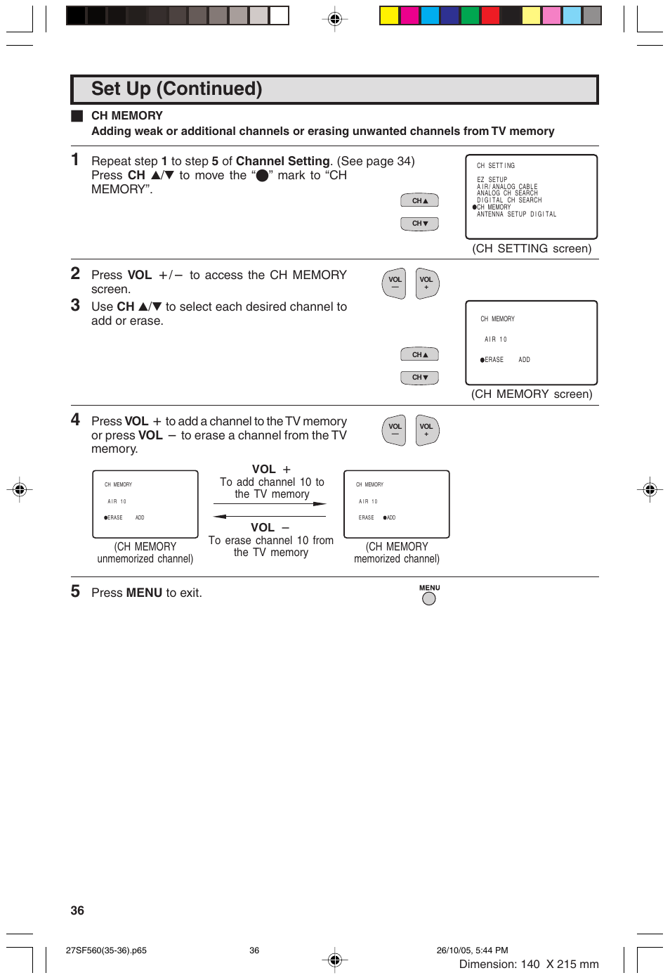 Set up (continued), Press menu to exit | Sharp 27SF560 User Manual | Page 36 / 53