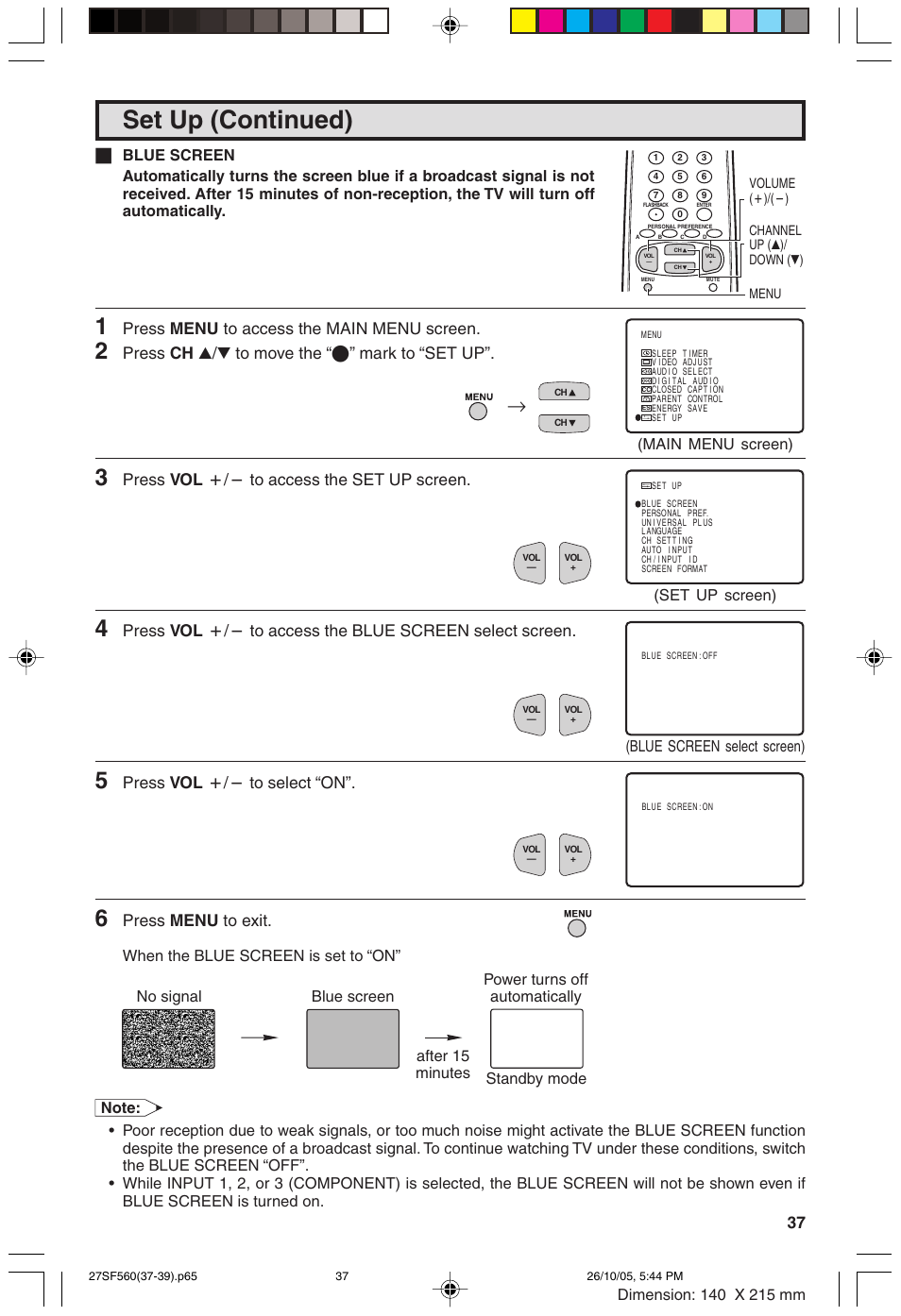 Set up (continued), Press menu to access the main menu screen, Press ch a/s to move the “e” mark to “set up | Press vol k/l to access the set up screen, Press vol k/l to select “on, Press menu to exit | Sharp 27SF560 User Manual | Page 37 / 53