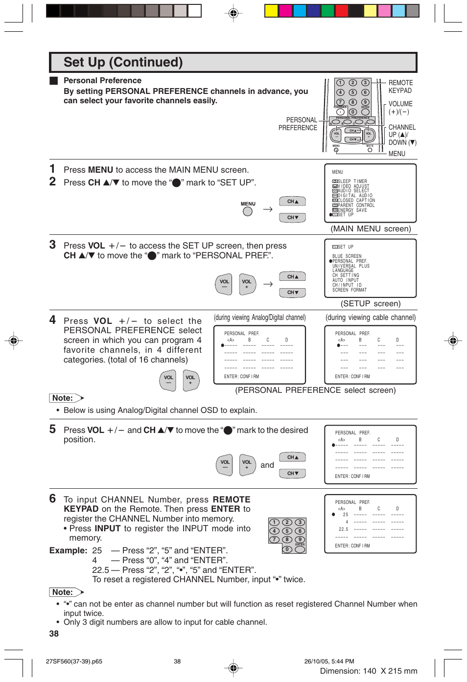 Set up (continued), Press menu to access the main menu screen, Press ch a/s to move the “e” mark to “set up | During viewing cable channel), During viewing analog/digital channel) | Sharp 27SF560 User Manual | Page 38 / 53