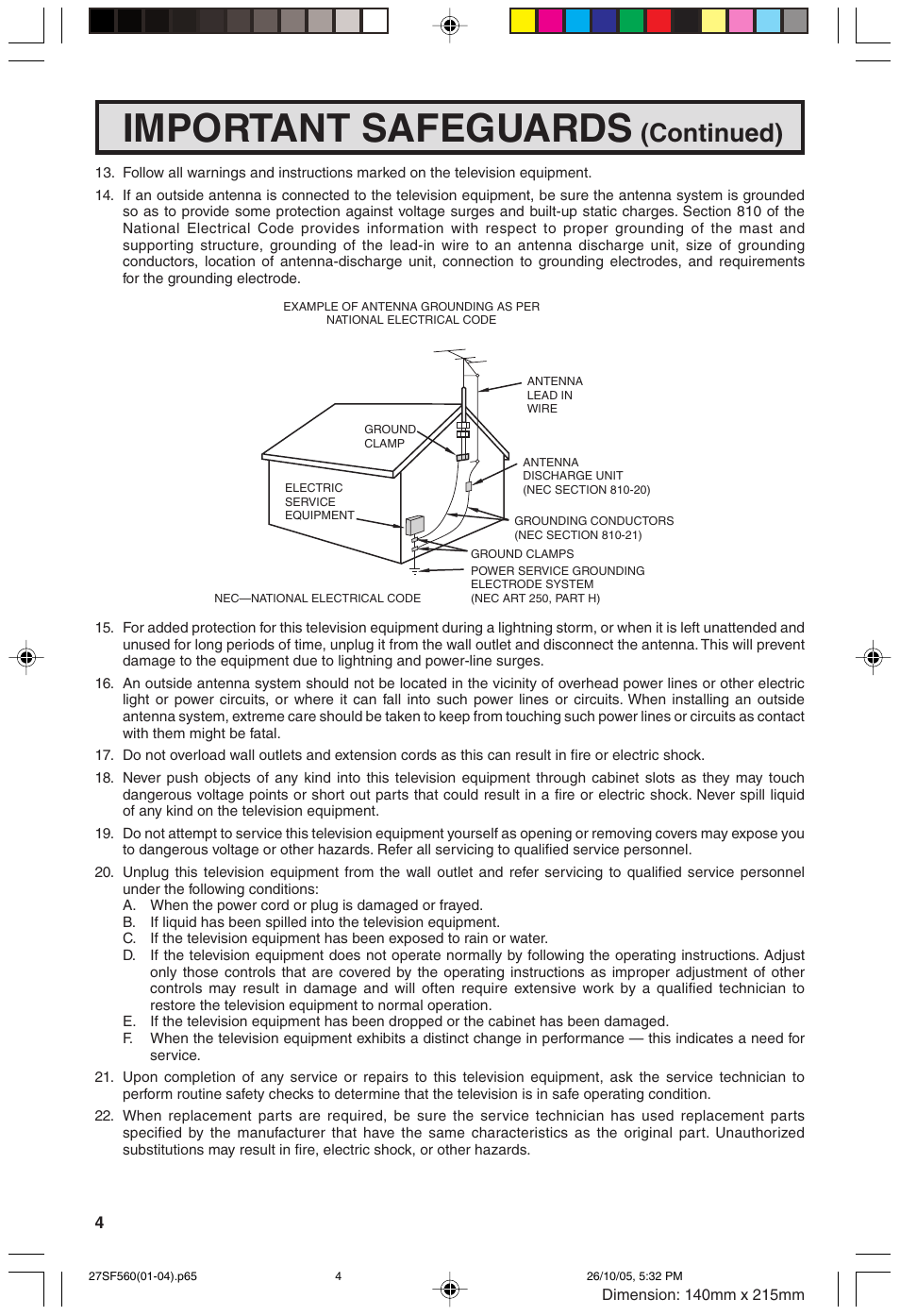Important safeguards, Continued) | Sharp 27SF560 User Manual | Page 4 / 53