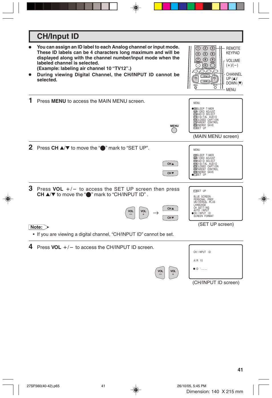 Ch/input id, Press menu to access the main menu screen, Press ch a/s to move the “e” mark to “set up | Press vol k/l to access the ch/input id screen | Sharp 27SF560 User Manual | Page 41 / 53