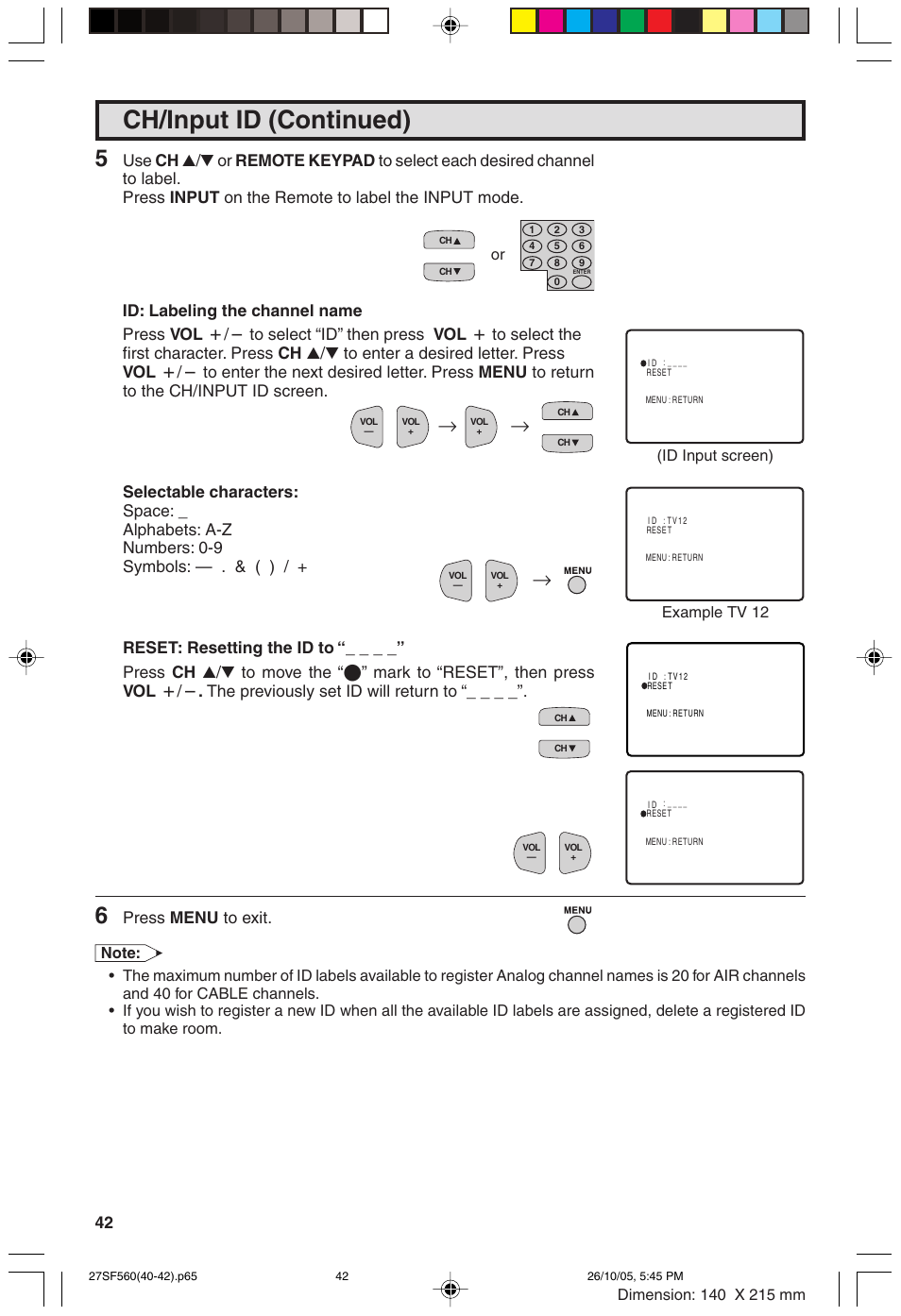 Ch/input id (continued), Press menu to exit, Id input screen) example tv 12 | Sharp 27SF560 User Manual | Page 42 / 53