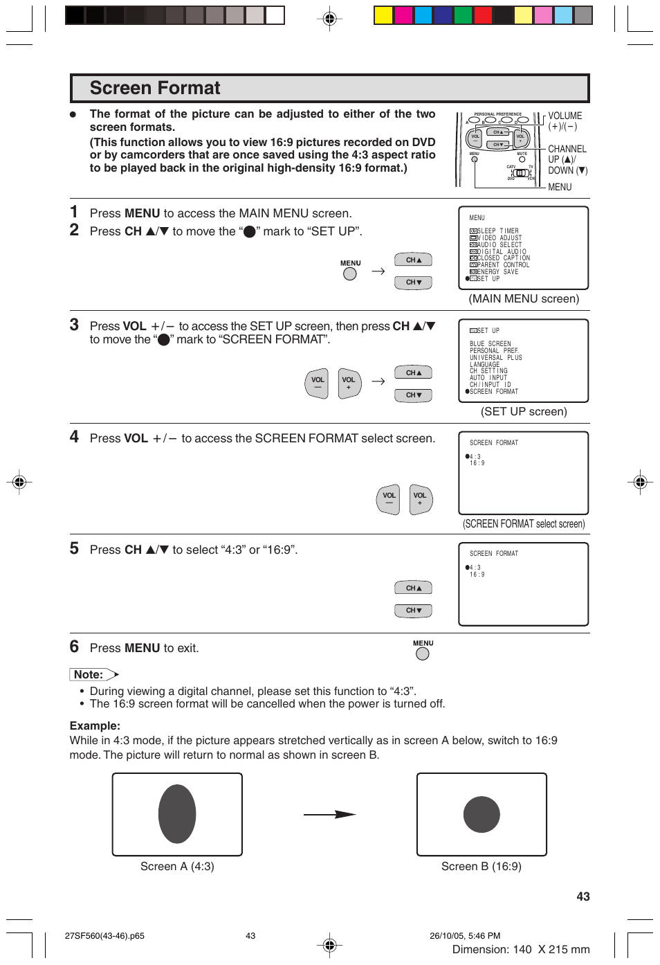 Screen format, Press menu to access the main menu screen, Press ch a/s to move the “e” mark to “set up | Press menu to exit | Sharp 27SF560 User Manual | Page 43 / 53