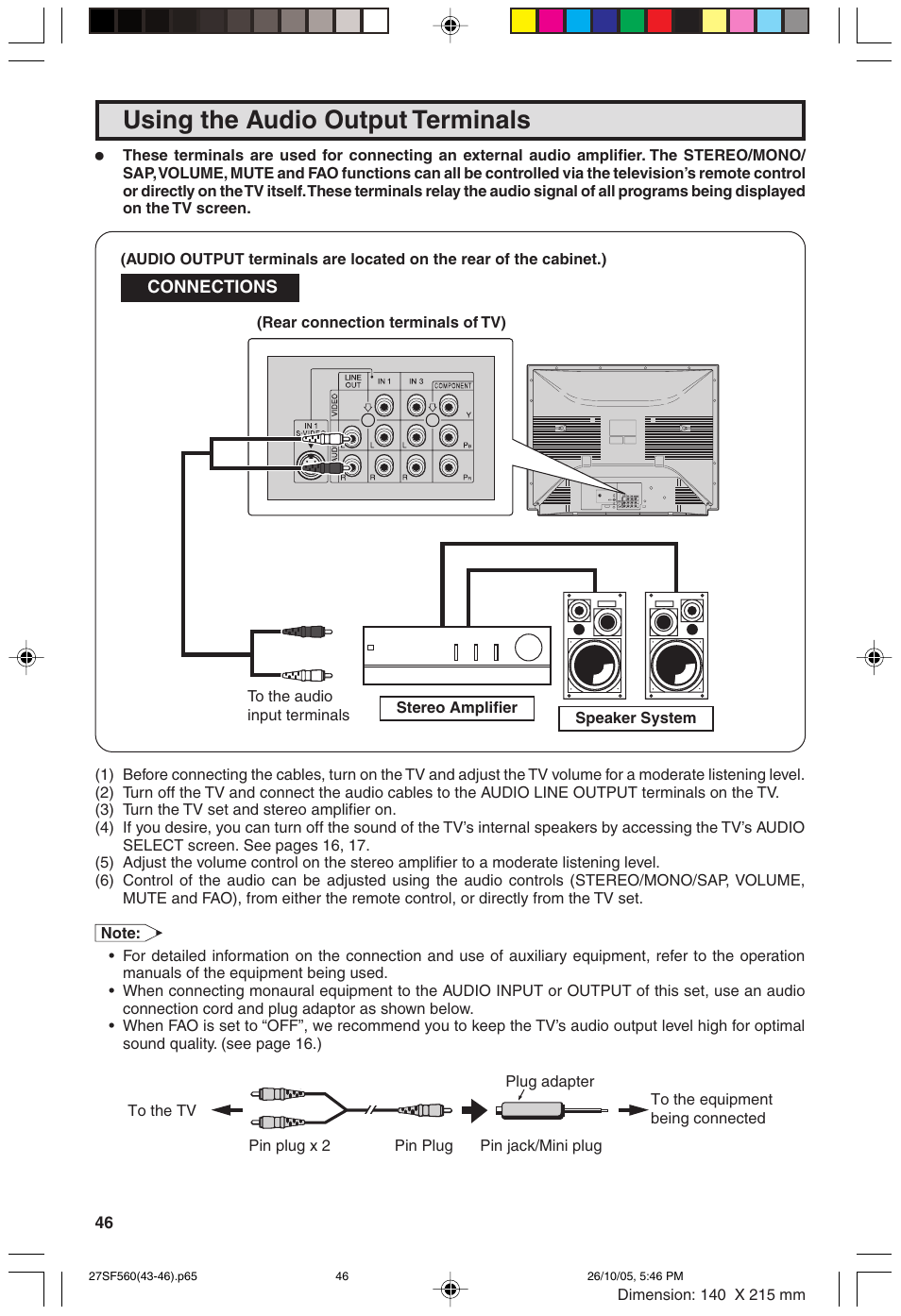 Using the audio output terminals | Sharp 27SF560 User Manual | Page 46 / 53