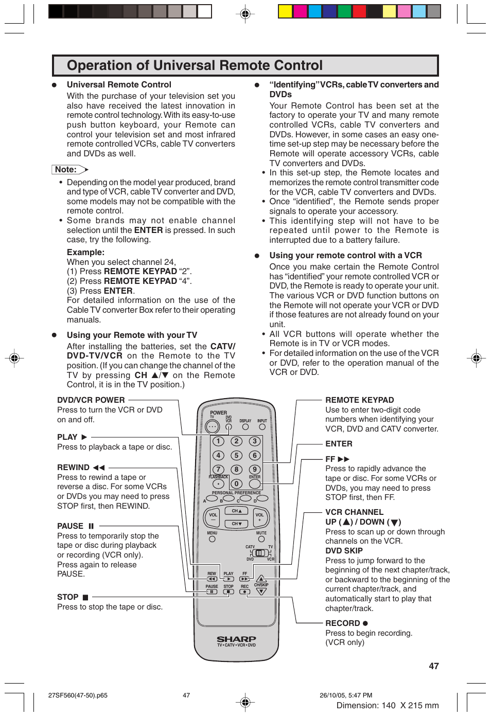 Operation of universal remote control | Sharp 27SF560 User Manual | Page 47 / 53