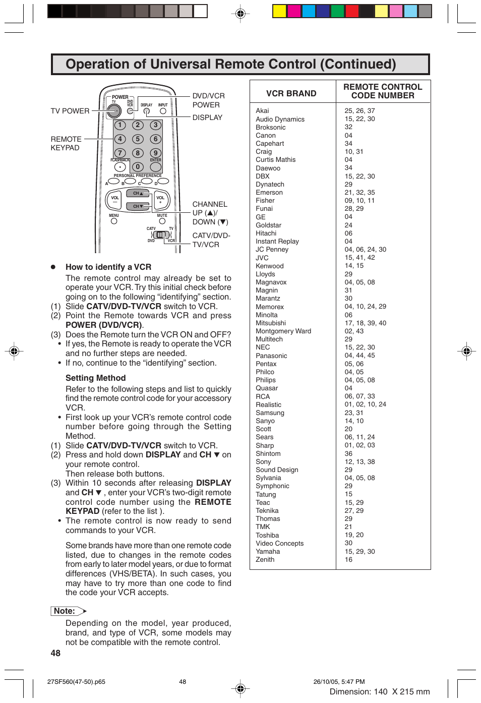 Operation of universal remote control (continued) | Sharp 27SF560 User Manual | Page 48 / 53