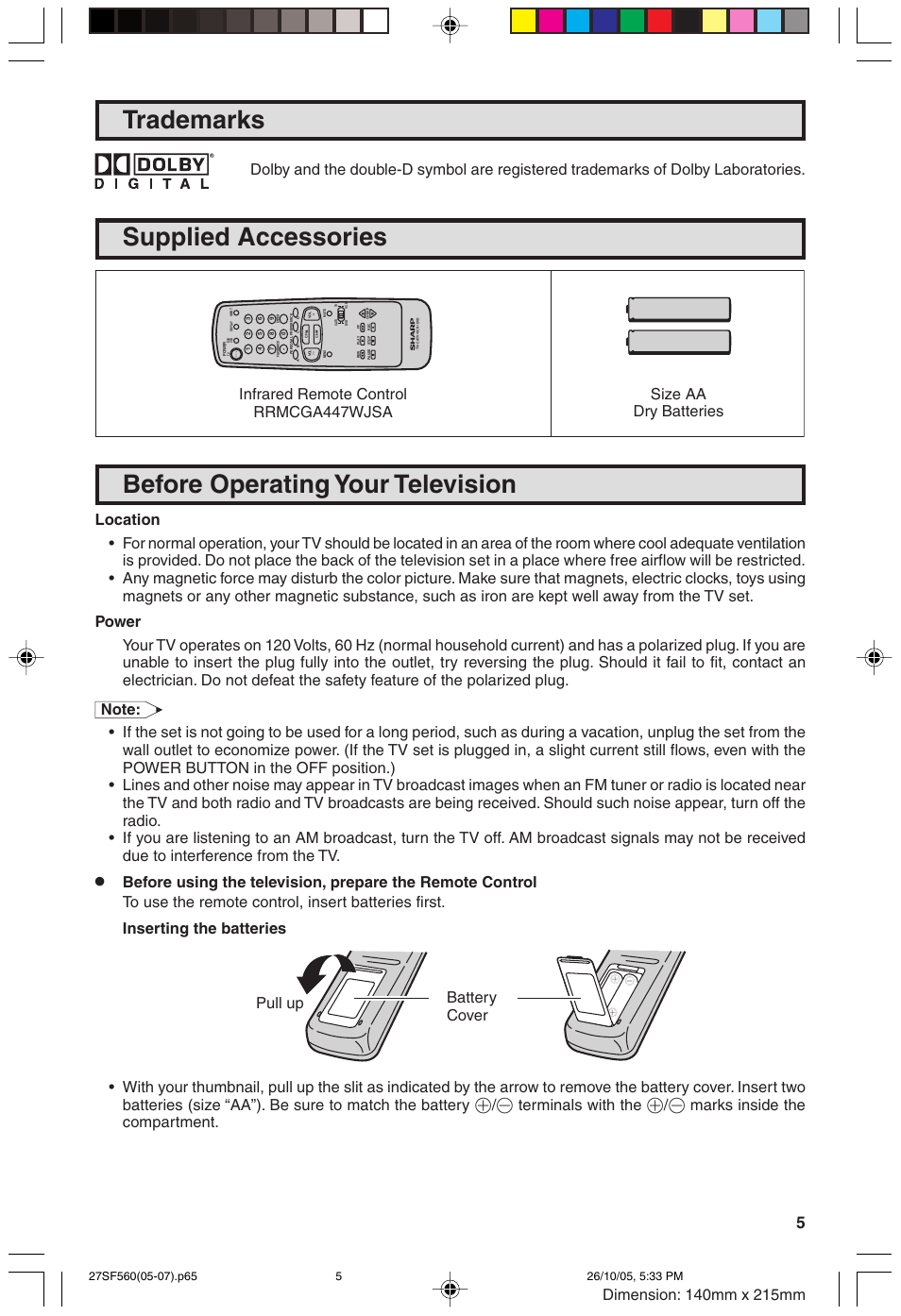 Supplied accessories, Before operating your television, Trademarks | Battery cover pull up | Sharp 27SF560 User Manual | Page 5 / 53