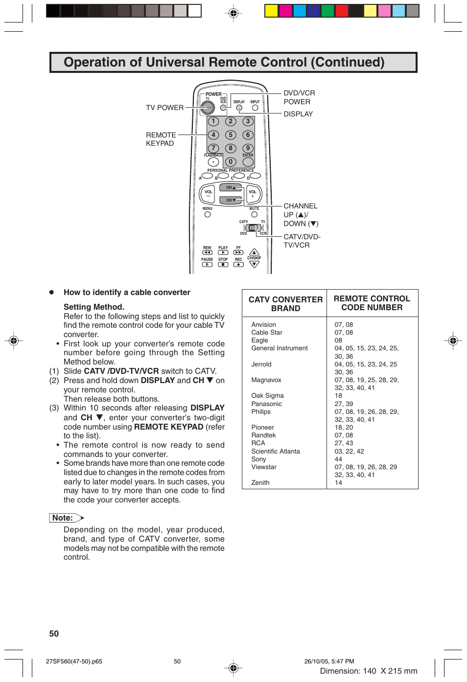Operation of universal remote control (continued), Catv converter brand remote control code number | Sharp 27SF560 User Manual | Page 50 / 53