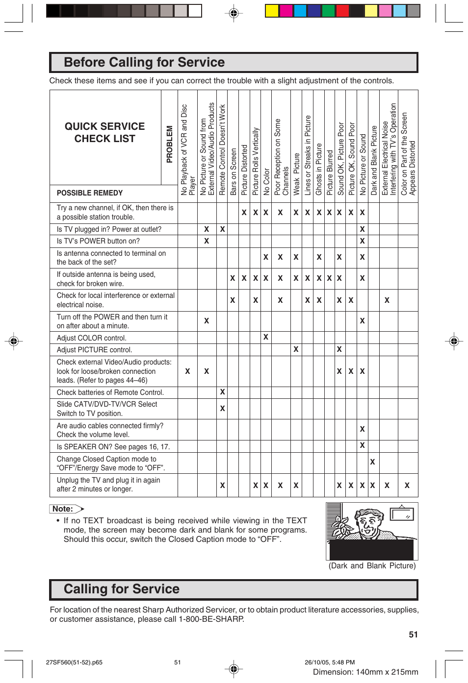 Before calling for service, Calling for service, Quick service check list | Sharp 27SF560 User Manual | Page 51 / 53