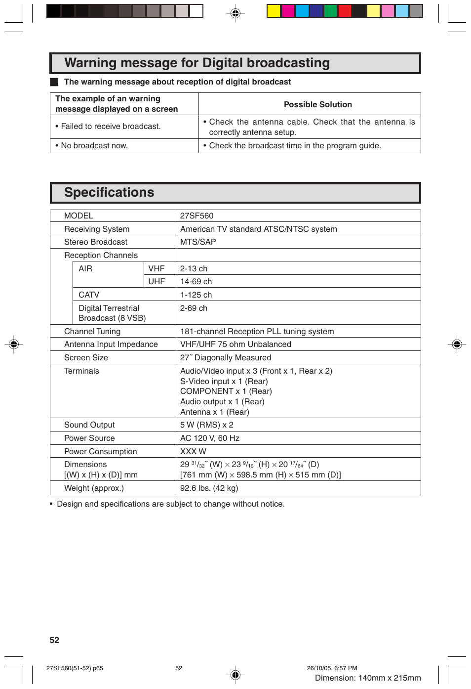 Specifications, Warning message for digital broadcasting | Sharp 27SF560 User Manual | Page 52 / 53