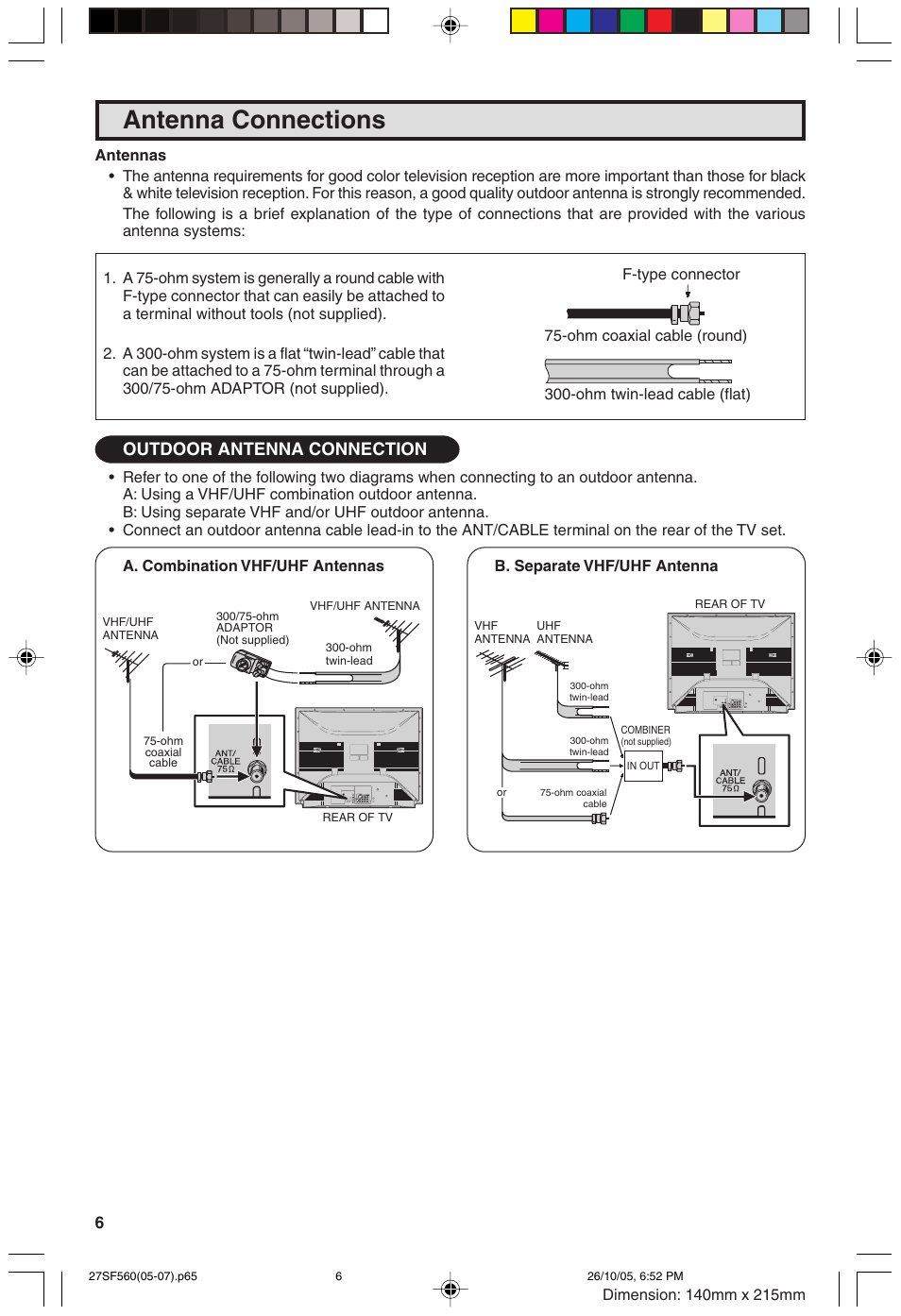 Antenna connections, Outdoor antenna connection | Sharp 27SF560 User Manual | Page 6 / 53
