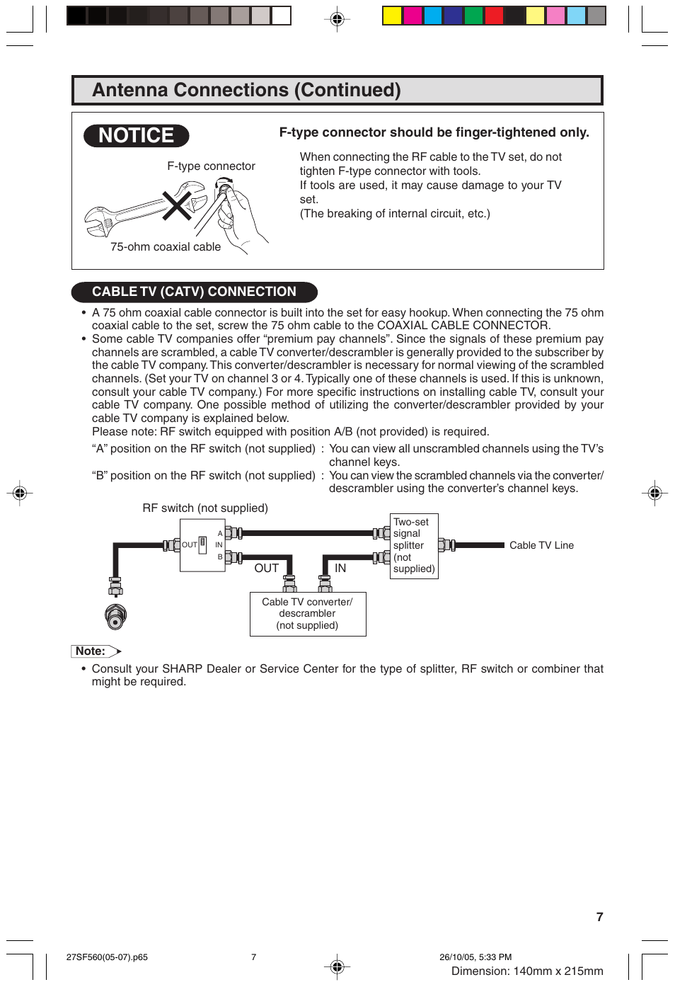 Notice, Antenna connections (continued) | Sharp 27SF560 User Manual | Page 7 / 53