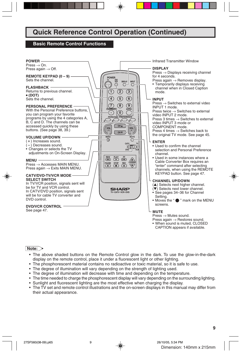Quick reference control operation (continued), Basic remote control functions | Sharp 27SF560 User Manual | Page 9 / 53