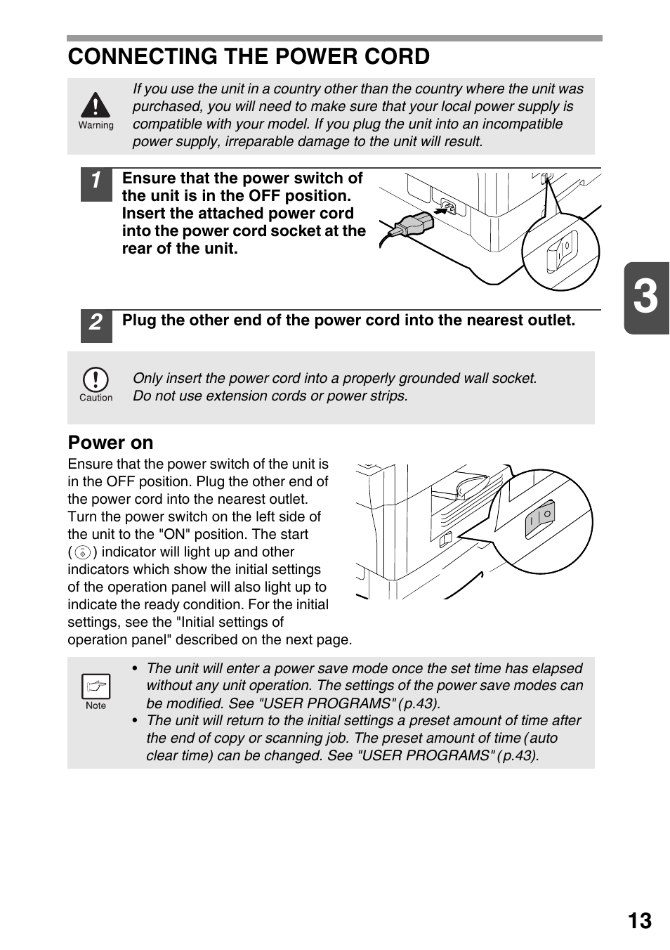 Connecting the power cord, Connecting the power cord13, Urn on the unit (p.13) | Sharp AR-203E User Manual | Page 15 / 81