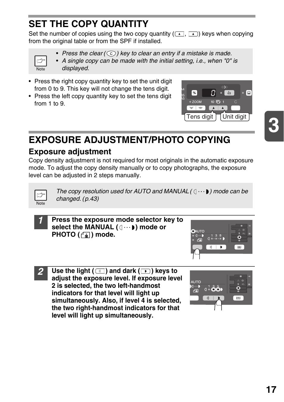 Set the copy quantity, Exposure adjustment/photo copying, Exposure adjustment | Photo copying, P.17), P.17) use to, P.17 | Sharp AR-203E User Manual | Page 19 / 81