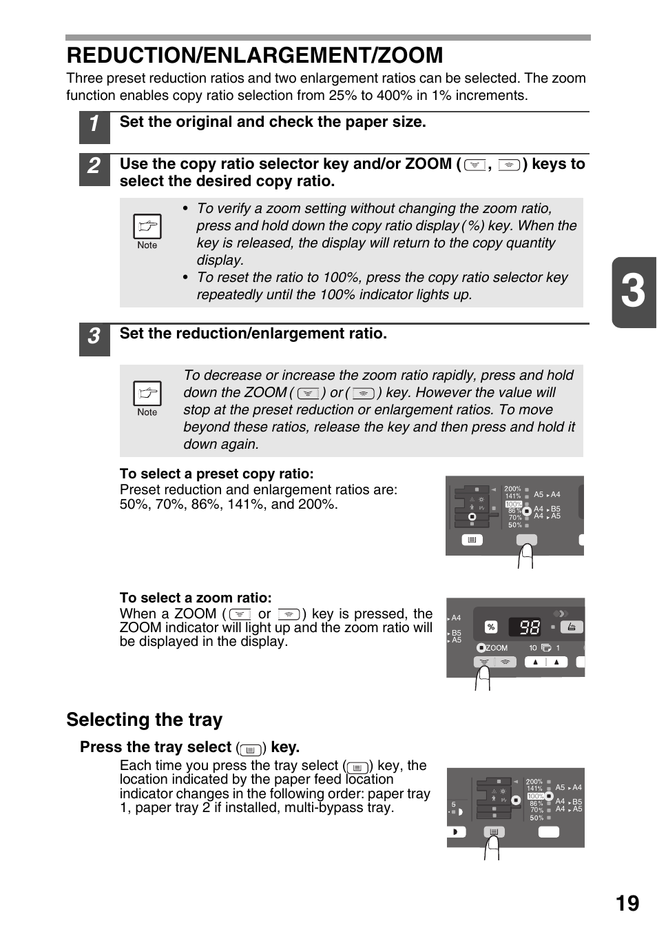 Reduction/enlargement/zoom, Reduction/enlargement, Zoom | P.19), P.19, Selecting the tray | Sharp AR-203E User Manual | Page 21 / 81