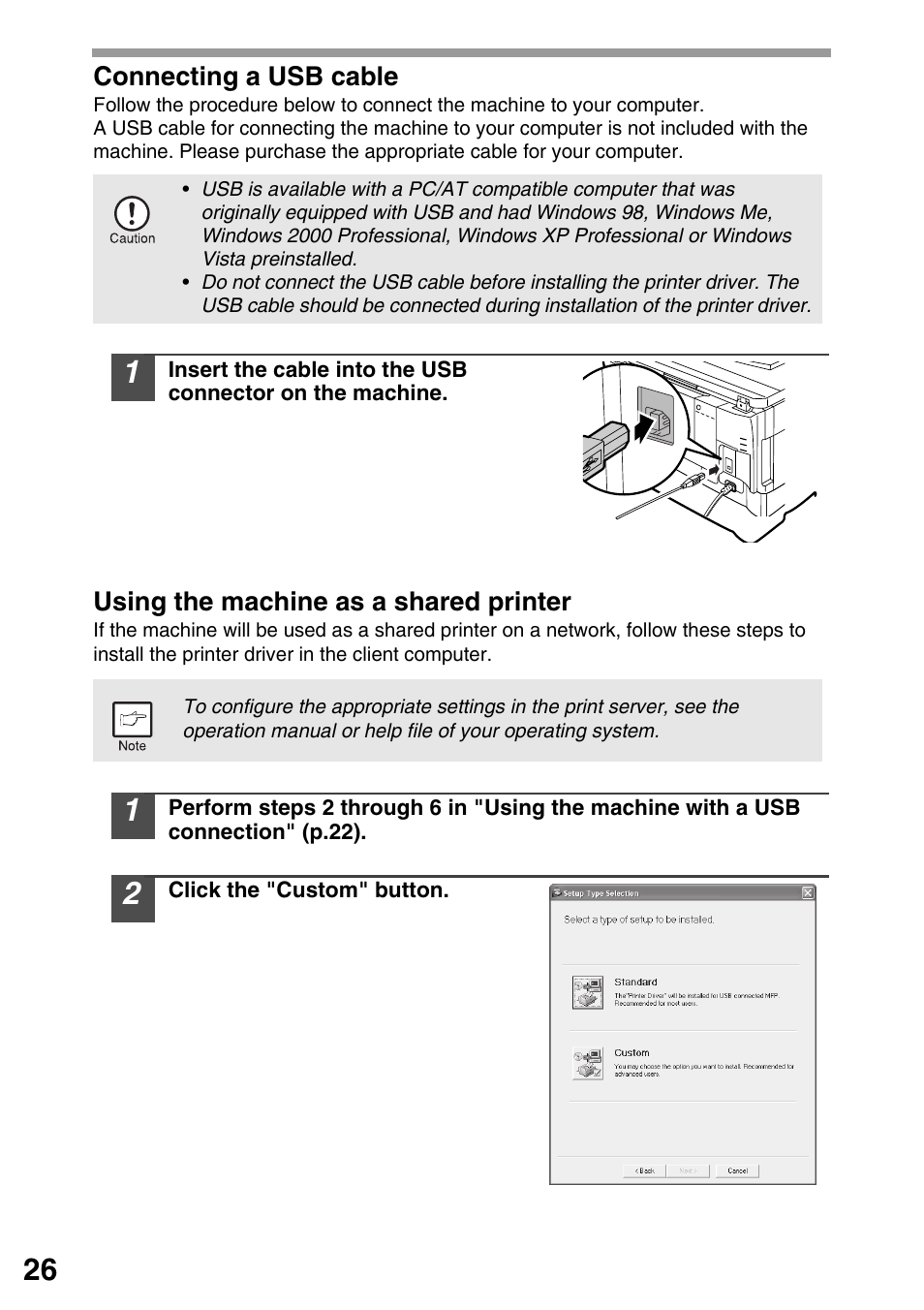 Connecting a usb cable, Using the machine as a shared printer | Sharp AR-203E User Manual | Page 28 / 81
