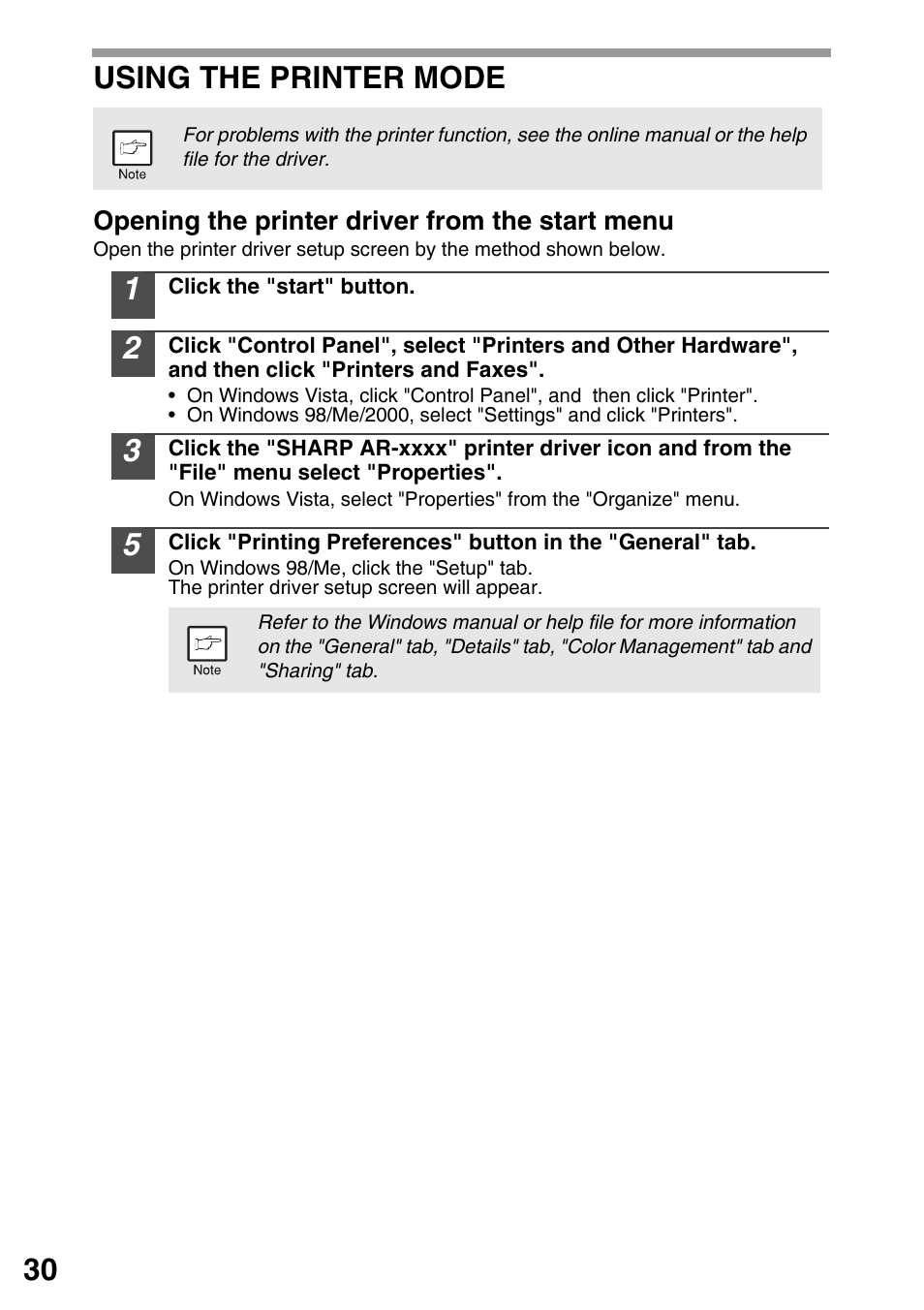 Using the printer mode, 30 using the printer mode | Sharp AR-203E User Manual | Page 32 / 81