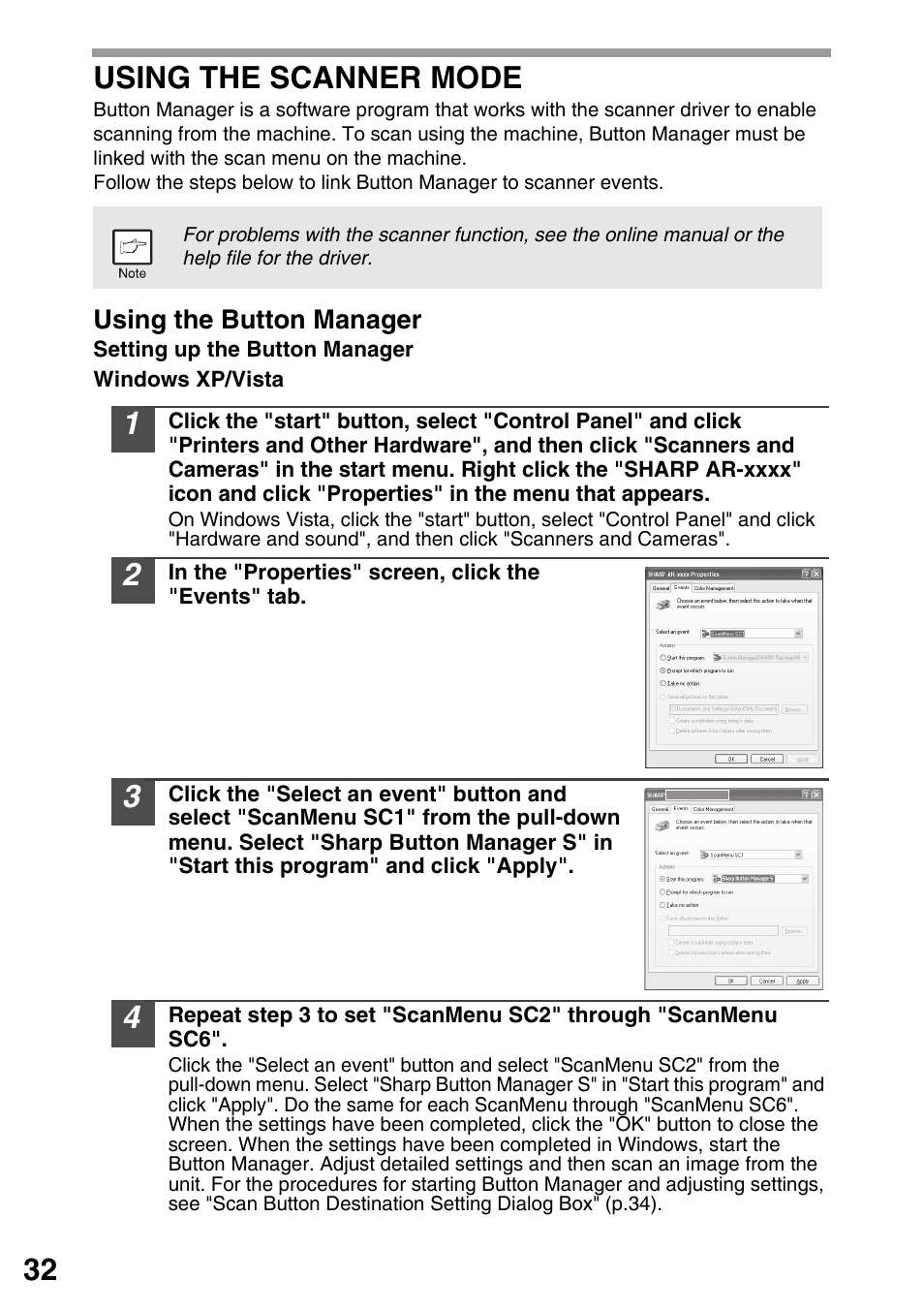 Using the scanner mode, 32 using the scanner mode | Sharp AR-203E User Manual | Page 34 / 81