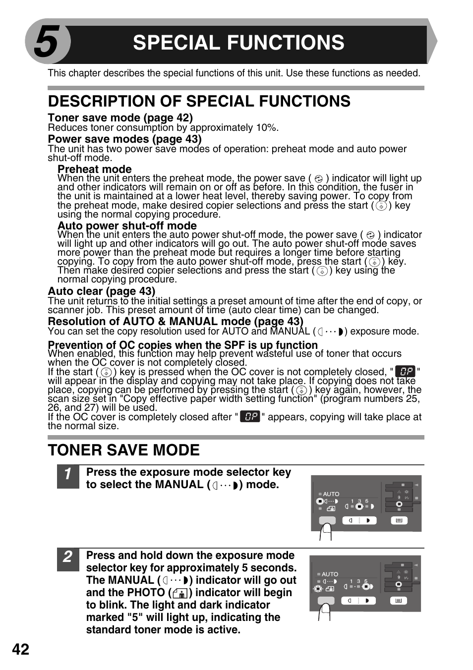 Special functions, Description of special functions, Toner save mode | Description of special, Functions, P.42, Time (p.42) ela | Sharp AR-203E User Manual | Page 44 / 81