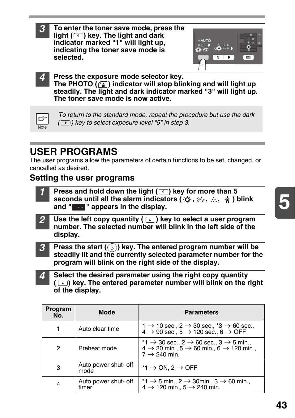 User programs, P.43), Ram. (p.43) | E "user, Programs" (p.43), Setting the user programs | Sharp AR-203E User Manual | Page 45 / 81