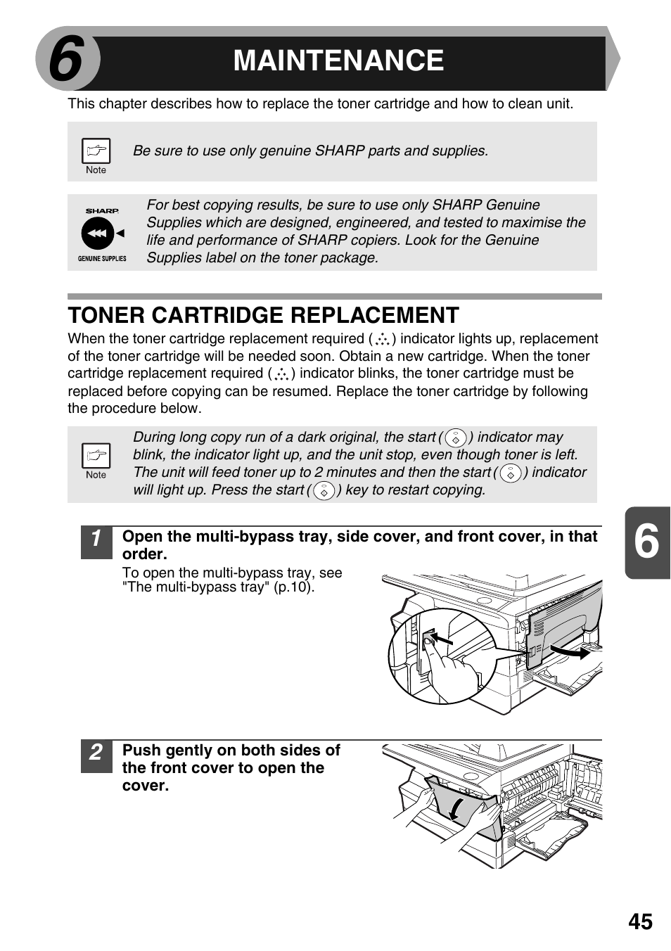 Maintenance, Toner cartridge replacement, Toner cartridge | Replacement, P.45) | Sharp AR-203E User Manual | Page 47 / 81