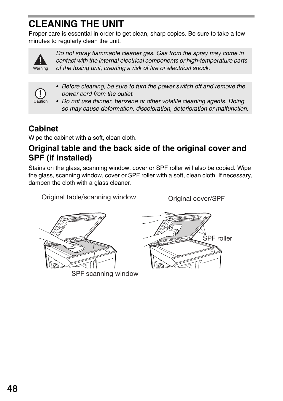 Cleaning the unit, 48 cleaning the unit, Cabinet | Sharp AR-203E User Manual | Page 50 / 81