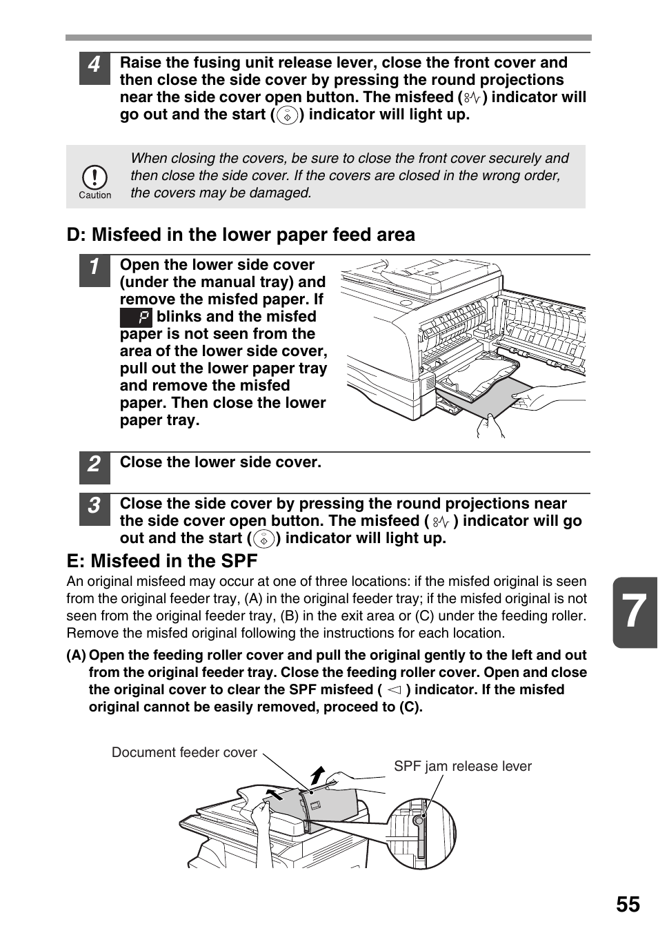 P.55), Misfeed in the spf, E: misfeed in the spf" (p.55) | Sharp AR-203E User Manual | Page 57 / 81