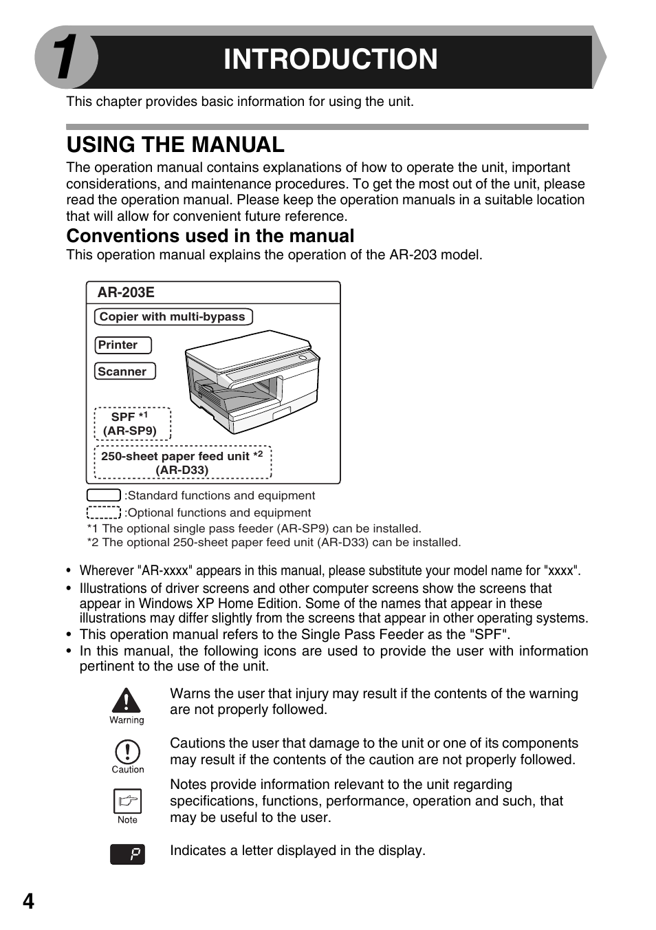 Introduction, Using the manual, Conventions used in the manual | Sharp AR-203E User Manual | Page 6 / 81