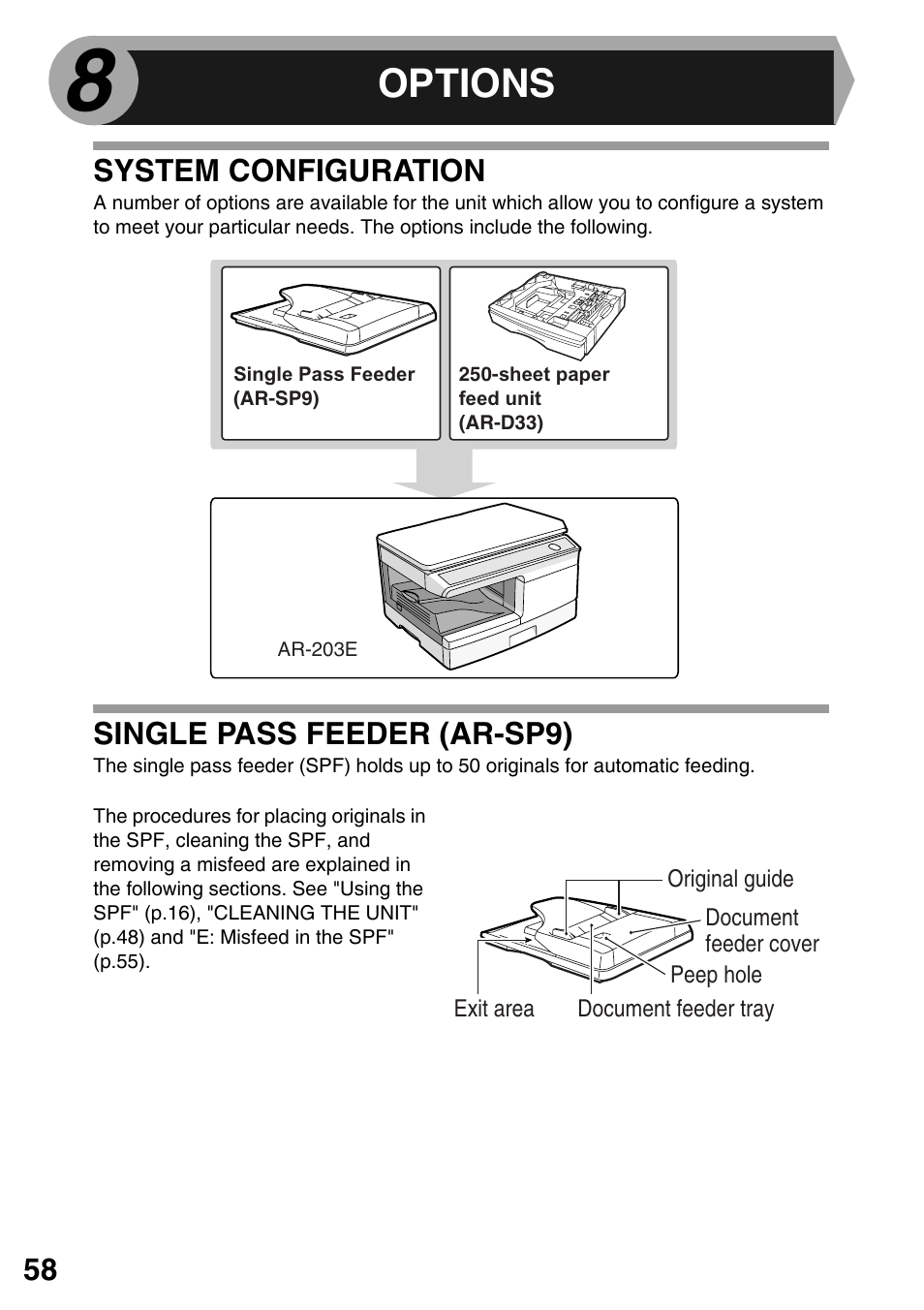 Options, System configuration, Single pass feeder (ar-sp9) | Sharp AR-203E User Manual | Page 60 / 81