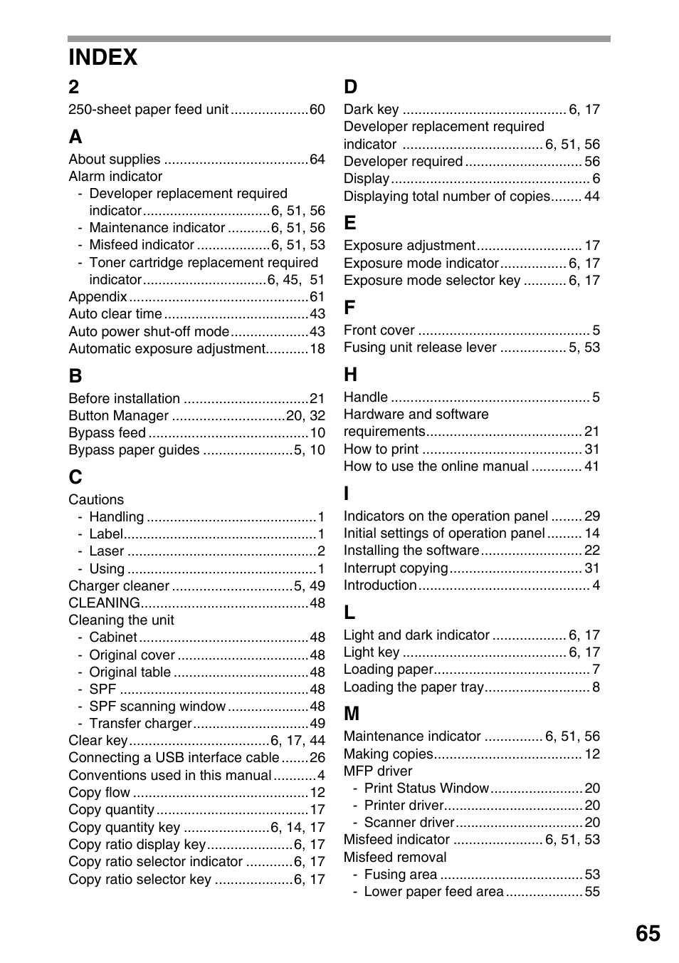 Index, 65 index | Sharp AR-203E User Manual | Page 67 / 81