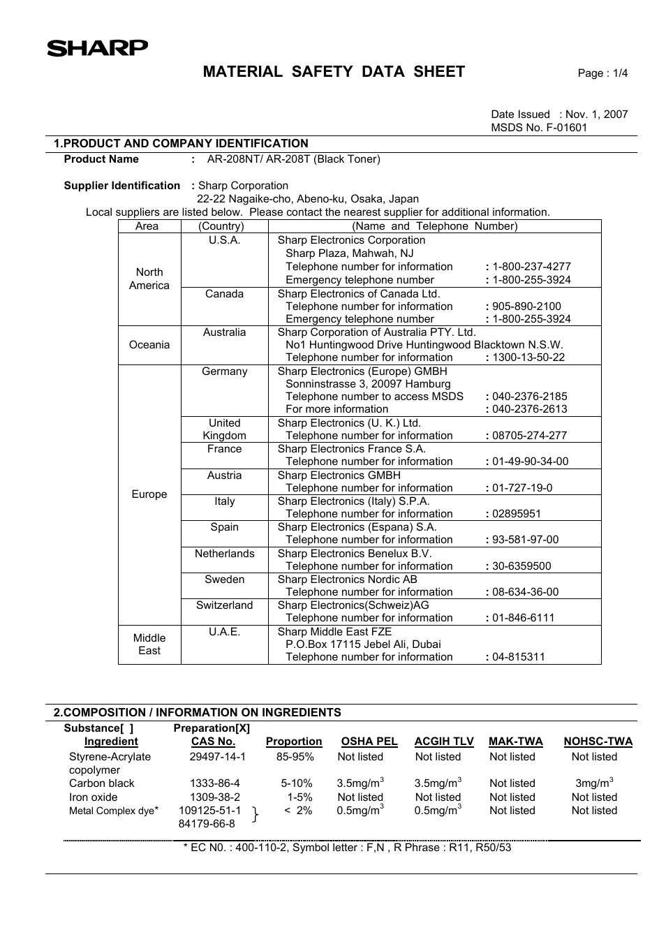 Material safety data sheet | Sharp AR-203E User Manual | Page 70 / 81