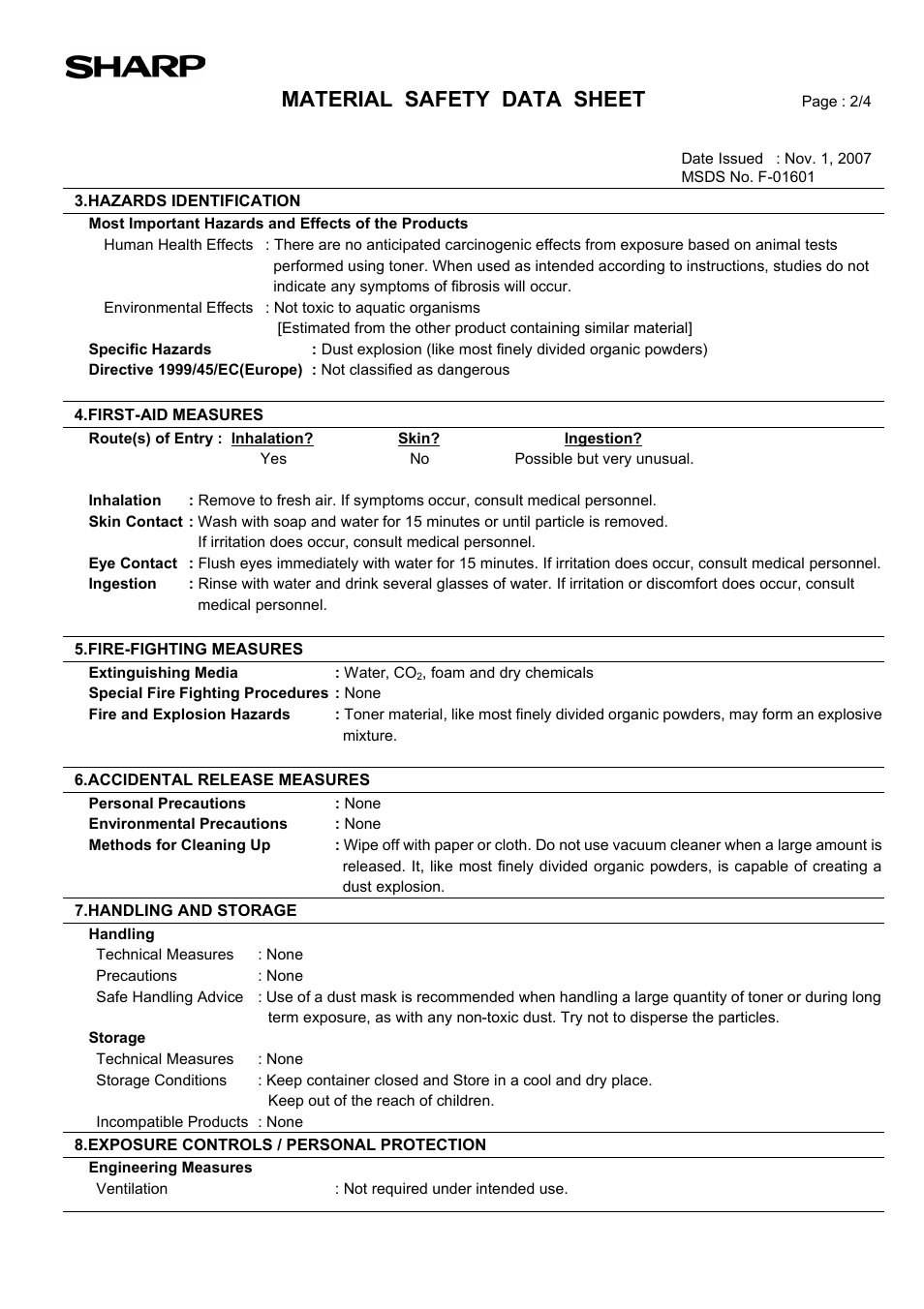 Material safety data sheet | Sharp AR-203E User Manual | Page 71 / 81