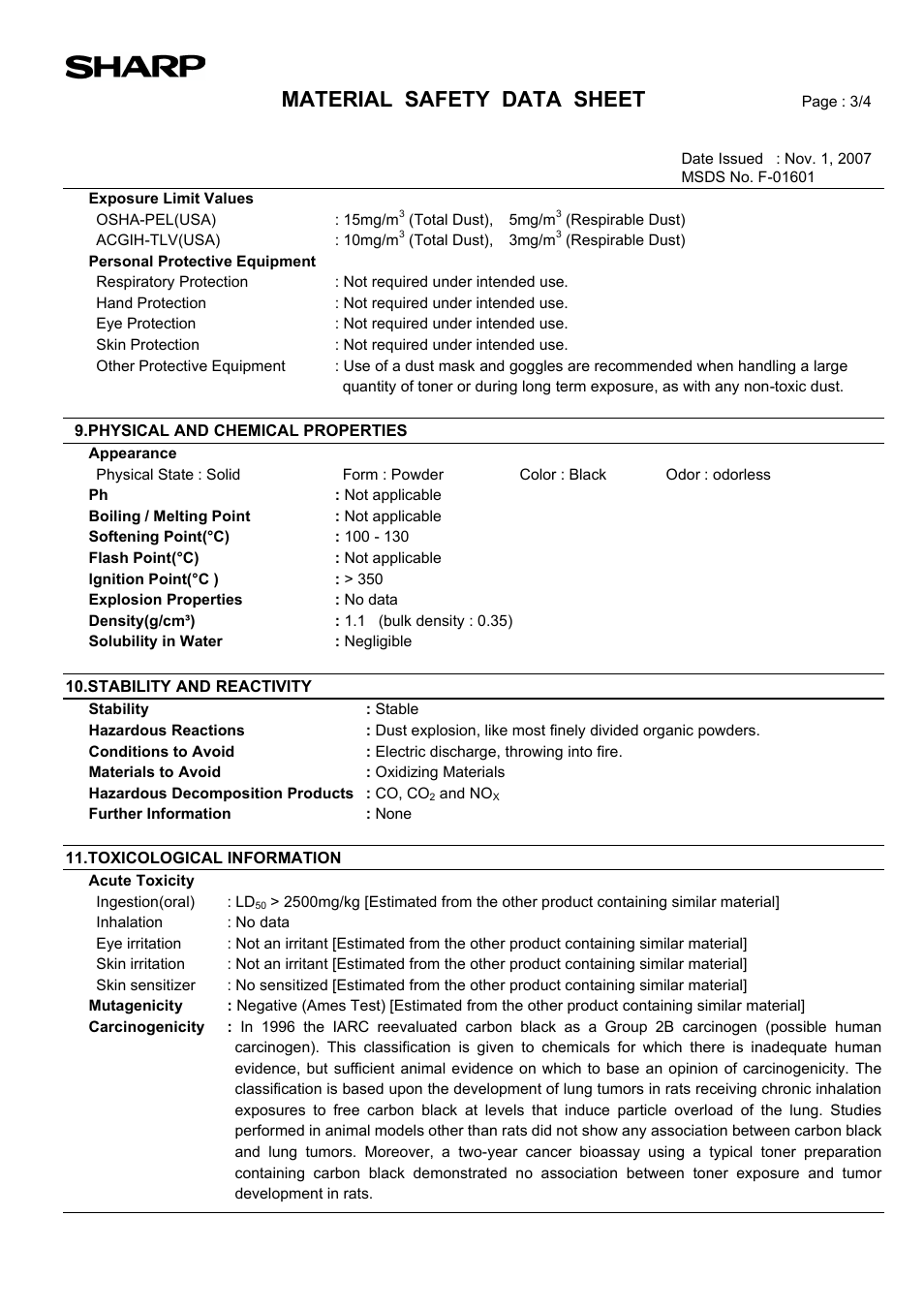Material safety data sheet | Sharp AR-203E User Manual | Page 72 / 81