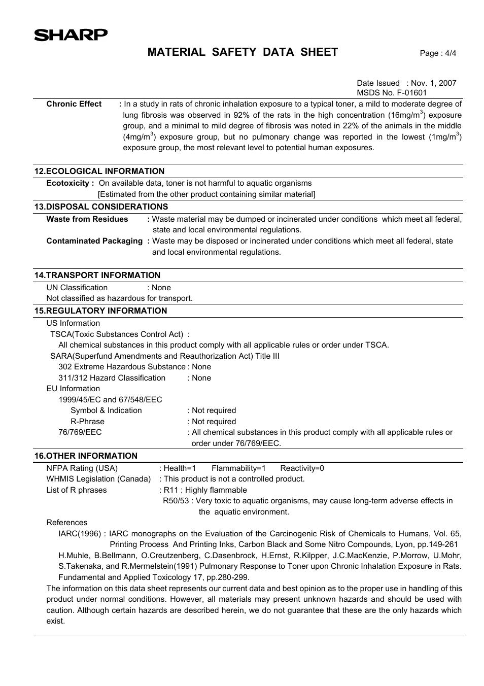 Material safety data sheet | Sharp AR-203E User Manual | Page 73 / 81