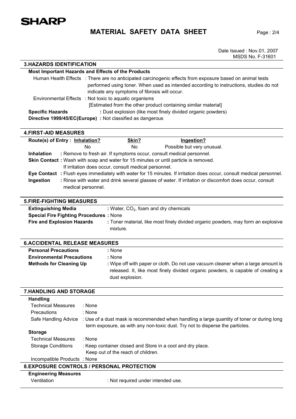 Material safety data sheet | Sharp AR-203E User Manual | Page 75 / 81