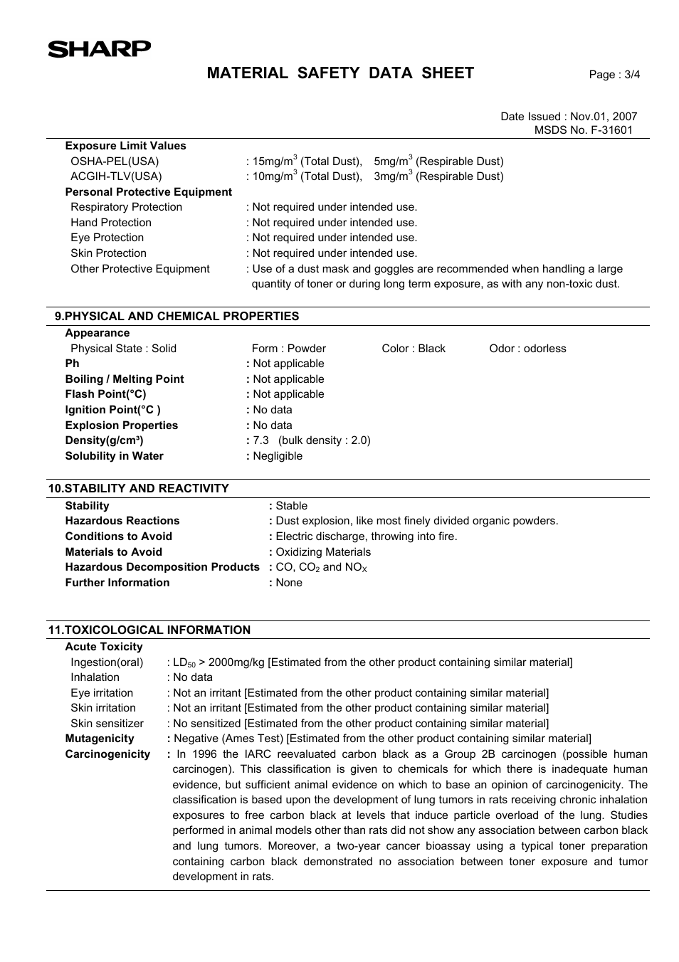 Material safety data sheet | Sharp AR-203E User Manual | Page 76 / 81