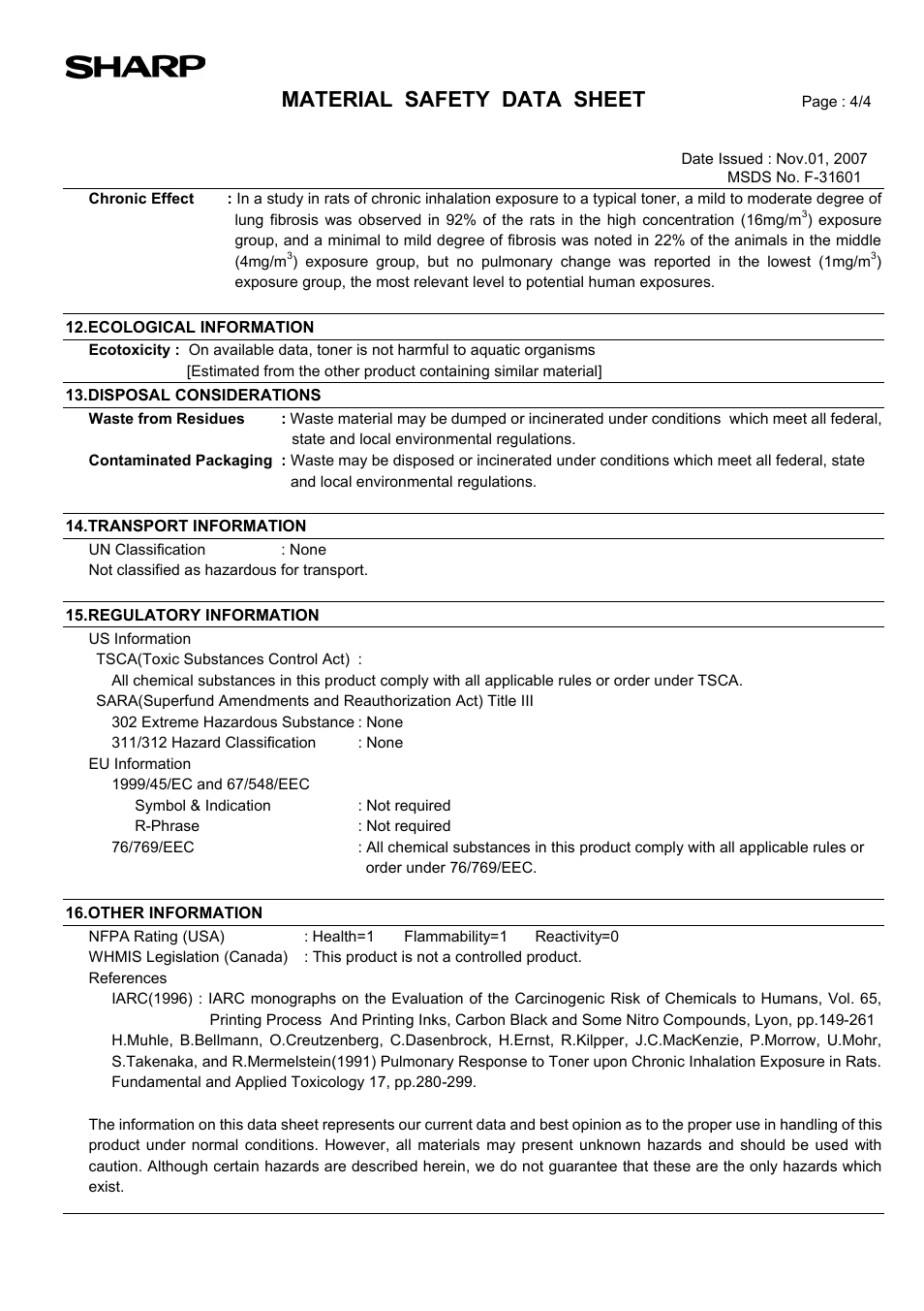 Material safety data sheet | Sharp AR-203E User Manual | Page 77 / 81