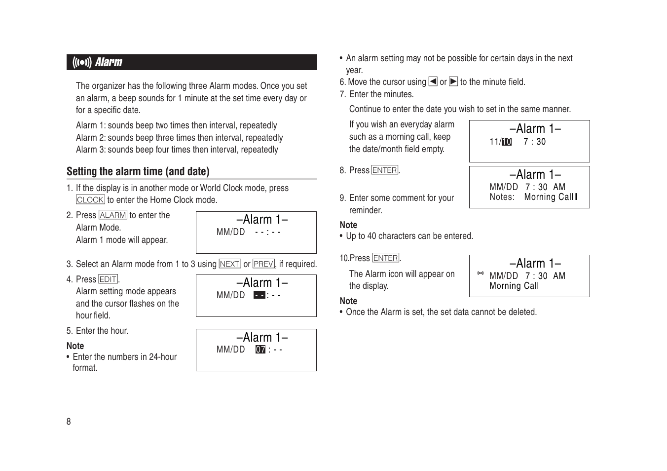 Alarm, Alarm 1 | Sharp Electronic Organizer YO-270 User Manual | Page 10 / 52