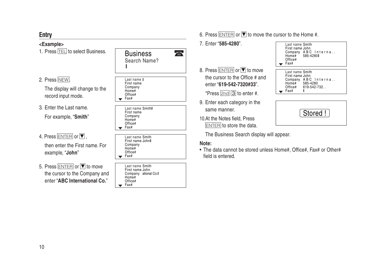 Business, Stored, Entry | Sharp Electronic Organizer YO-270 User Manual | Page 12 / 52