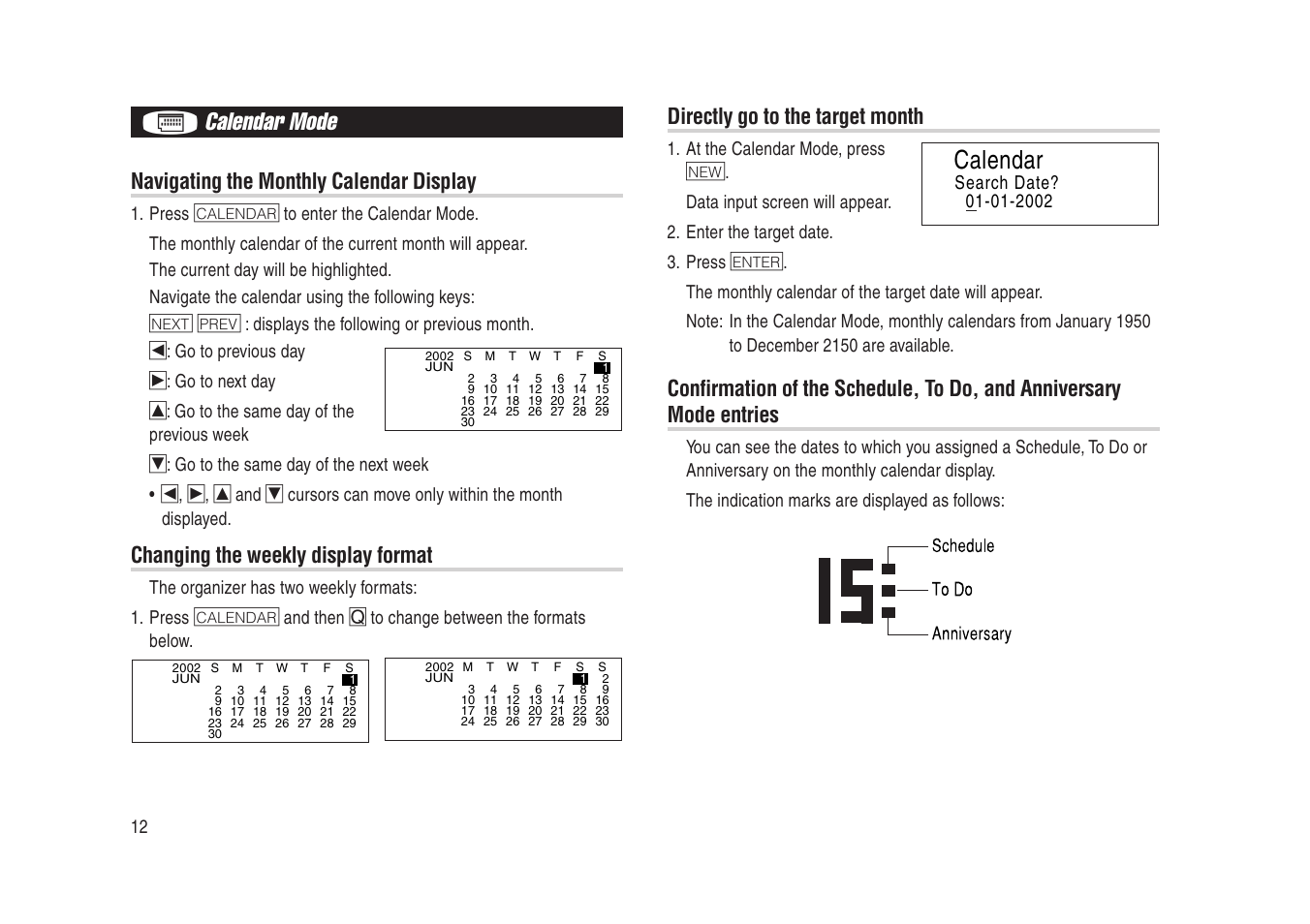 Calendar mode, Calendar, Navigating the monthly calendar display | Changing the weekly display format, Directly go to the target month | Sharp Electronic Organizer YO-270 User Manual | Page 14 / 52