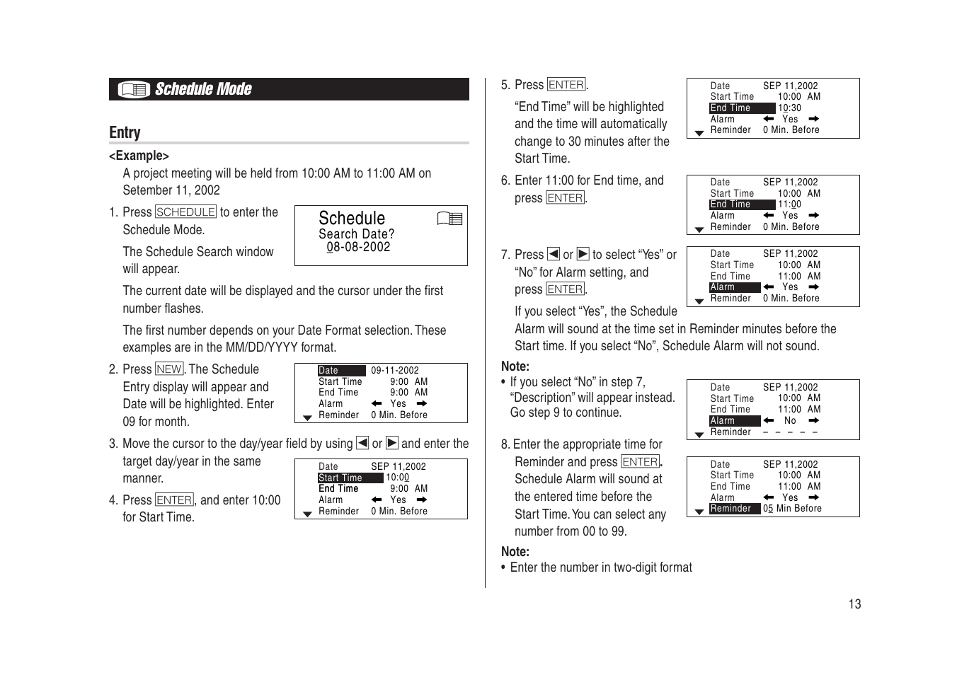 Schedule mode, Schedule, Entry | Sharp Electronic Organizer YO-270 User Manual | Page 15 / 52