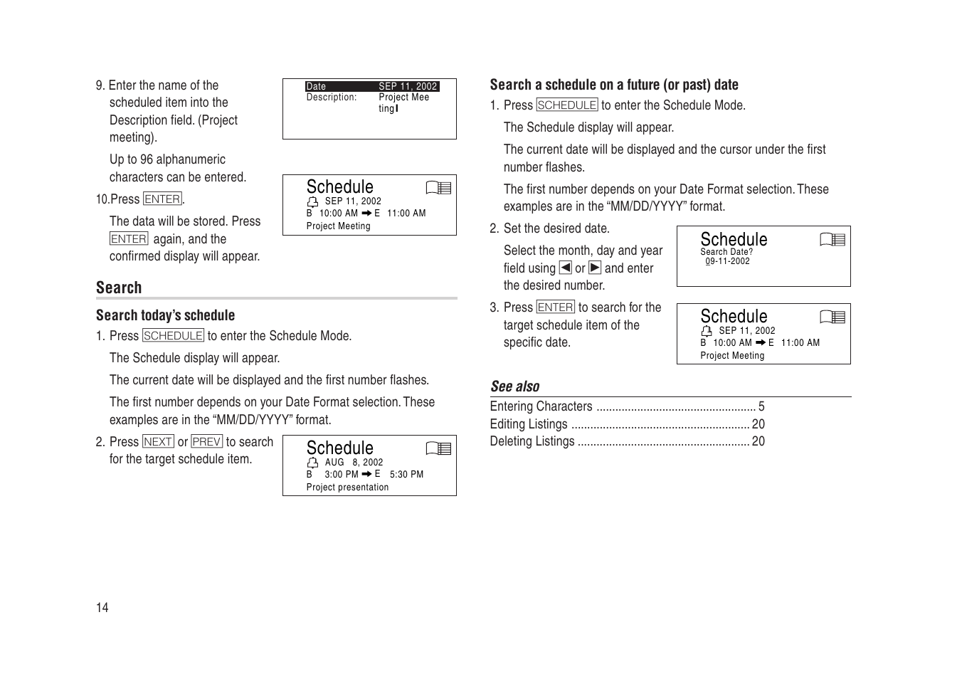 Schedule, Search | Sharp Electronic Organizer YO-270 User Manual | Page 16 / 52