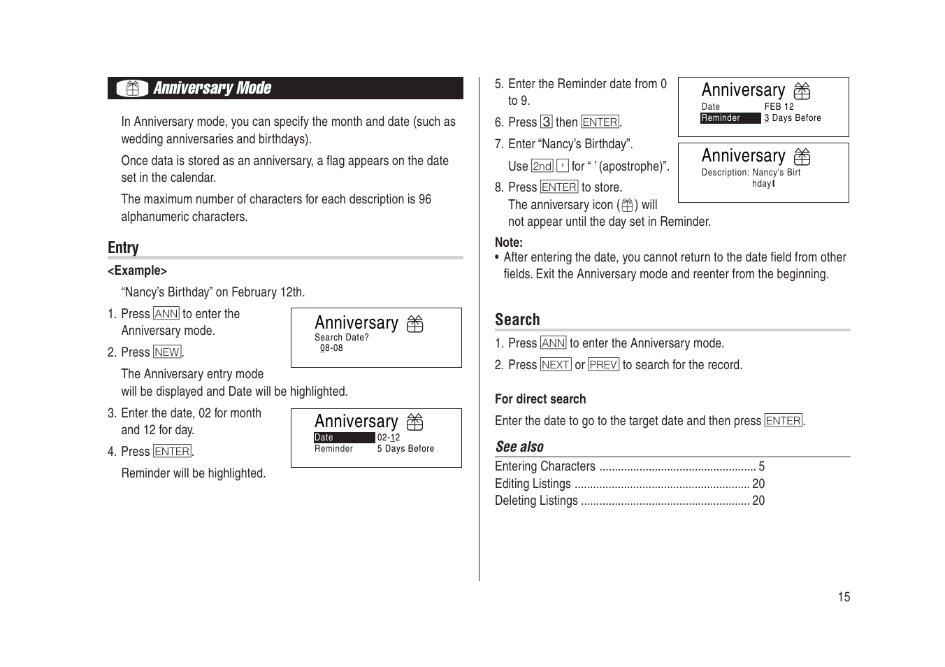 Anniversary mode, Anniversary | Sharp Electronic Organizer YO-270 User Manual | Page 17 / 52