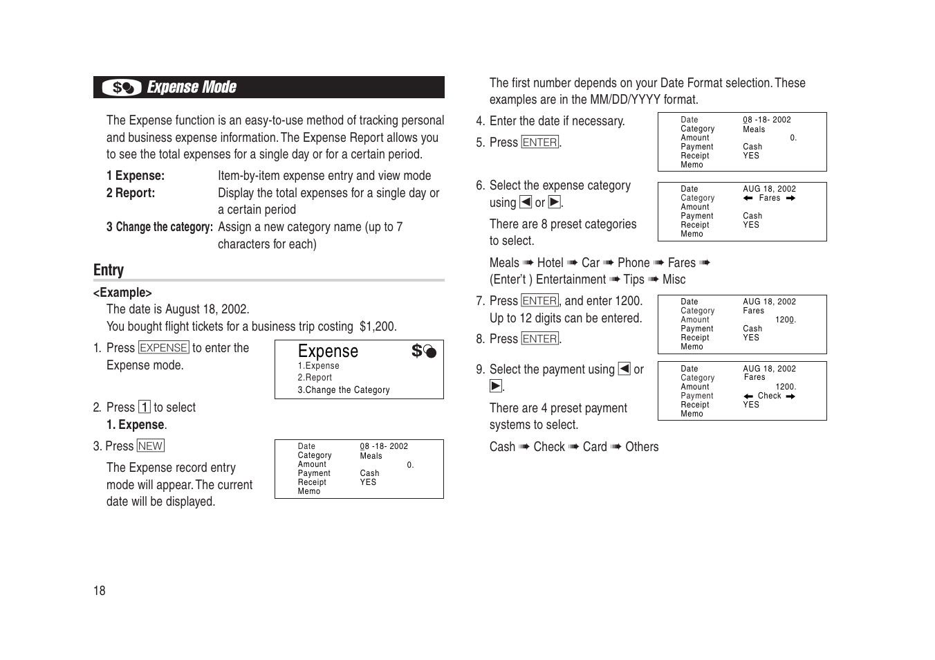 Expense mode, Expense, Entry | Sharp Electronic Organizer YO-270 User Manual | Page 20 / 52