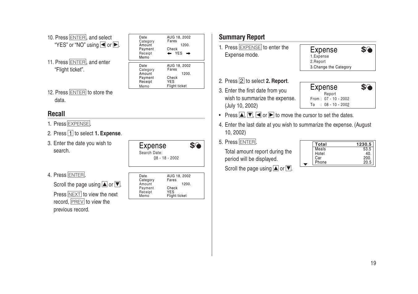 Expense, Recall, Summary report | Sharp Electronic Organizer YO-270 User Manual | Page 21 / 52