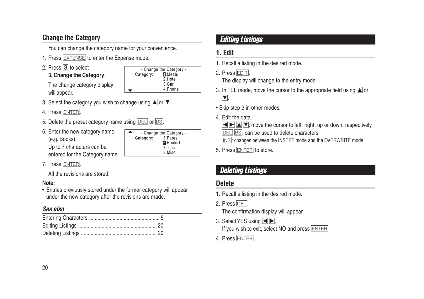 Editing listings, Deleting listings, Change the category | Edit, Delete | Sharp Electronic Organizer YO-270 User Manual | Page 22 / 52