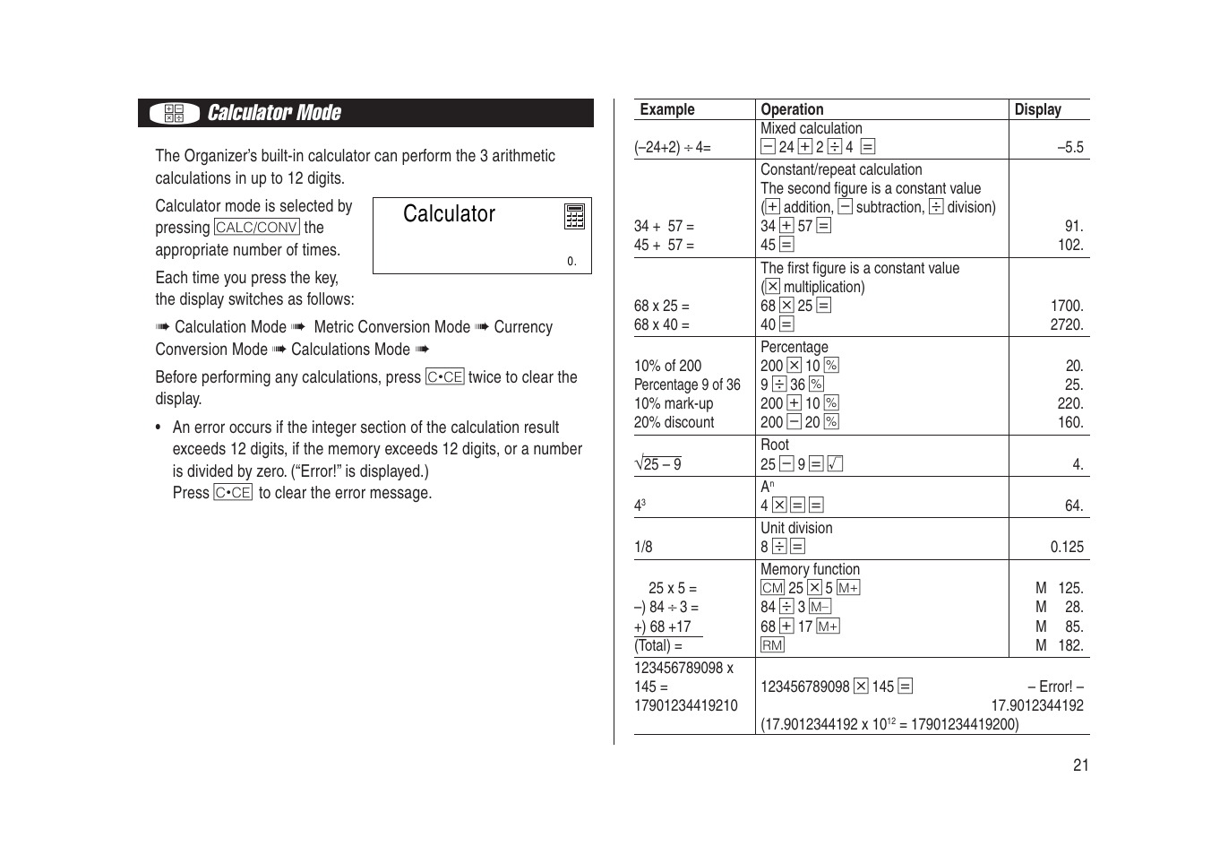 Calculator mode, Calculator | Sharp Electronic Organizer YO-270 User Manual | Page 23 / 52